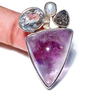 Starborn 925 Sterling Pendant with Purple Amethyst, Black Druzy & Clear Gemstone
